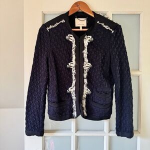 Rebecca Taylor Textured Navy Tweed Jacket with Frayed Trim